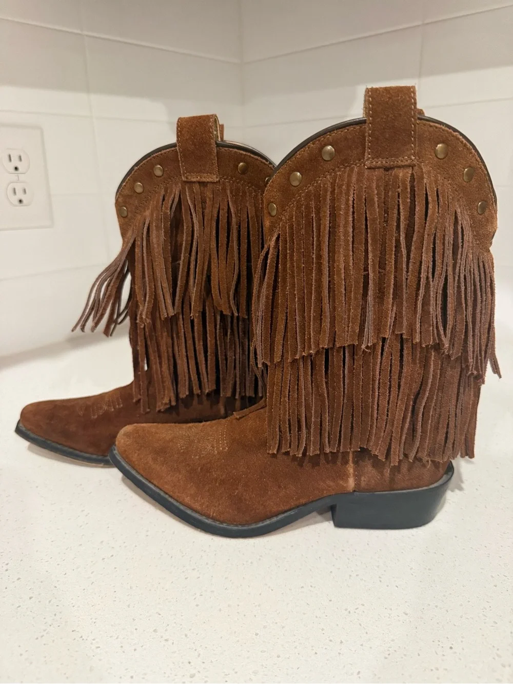 Girls Shyanne Fringed Boho Genuine Suede Western Ankle Boots in Chestnut Brown
